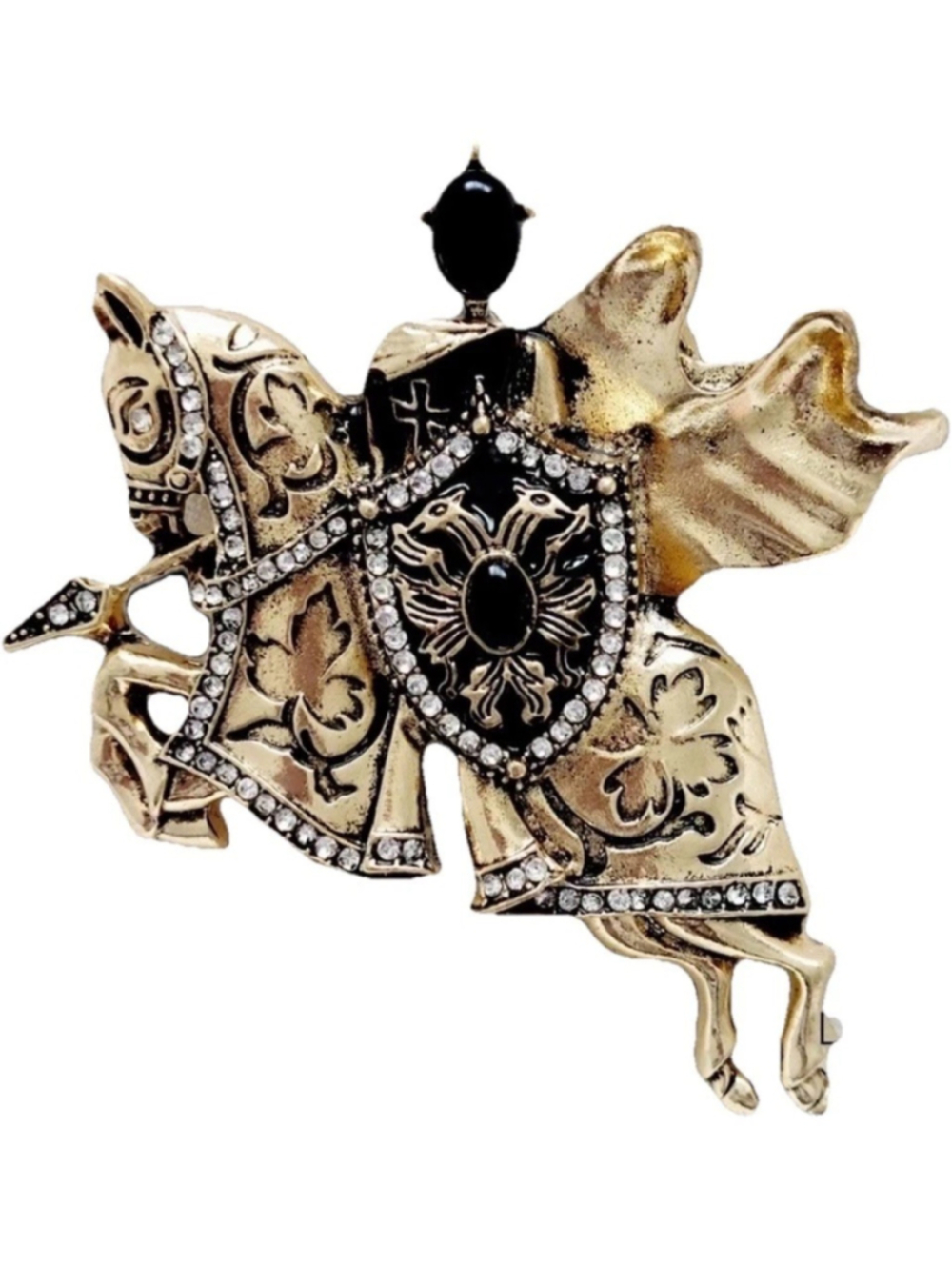 Renaissance Medieval Soldier Knight Horse Shield Rhinestone Brooch Pin Goldtone